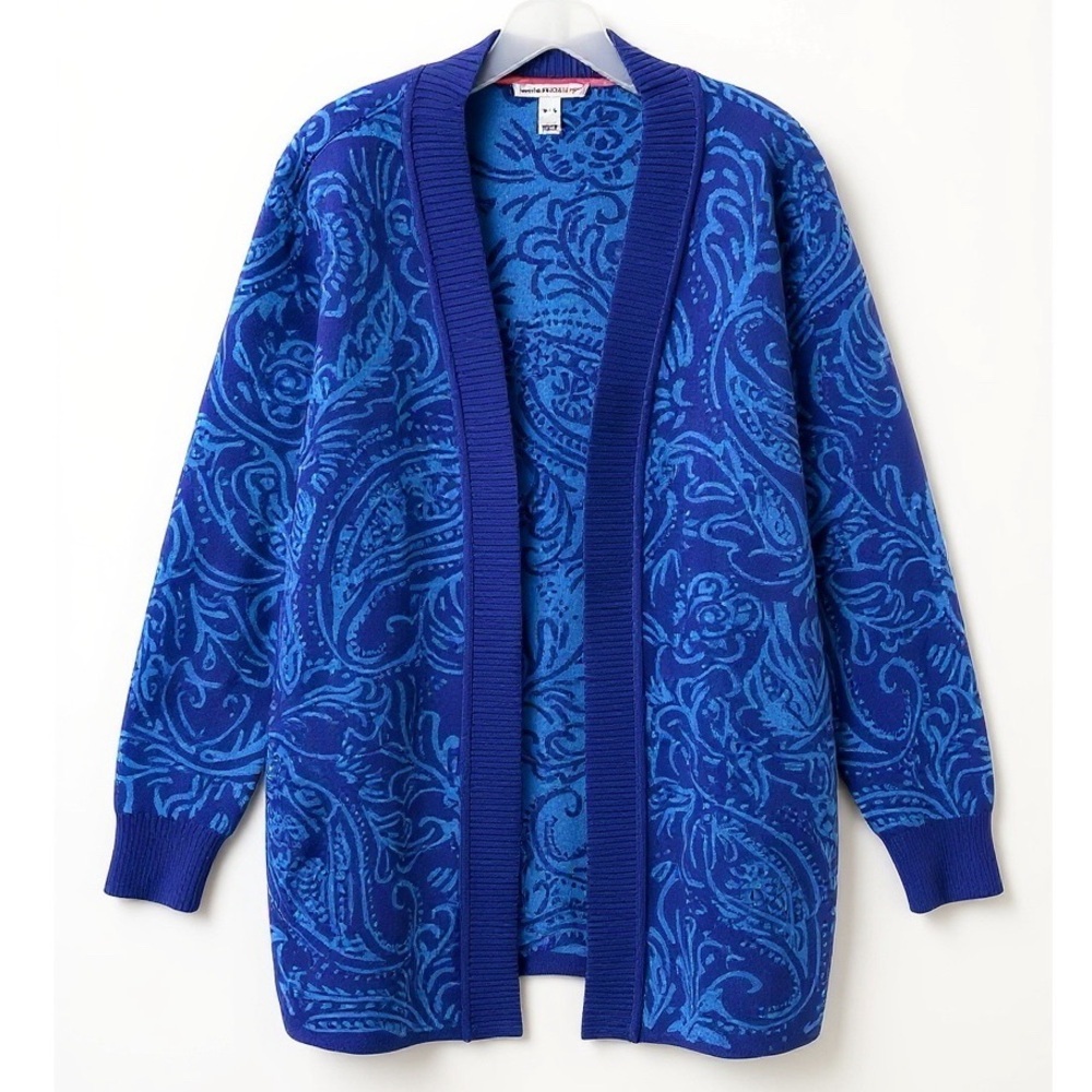 Isaac Mizrahi Blue Paisley Double Knit Jacquard Cardigan Size XL - Picture 3 of 7